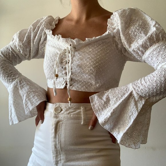 Love + Harmony Tops - Love + Harmony White Atomic Nature Eyelet Crop